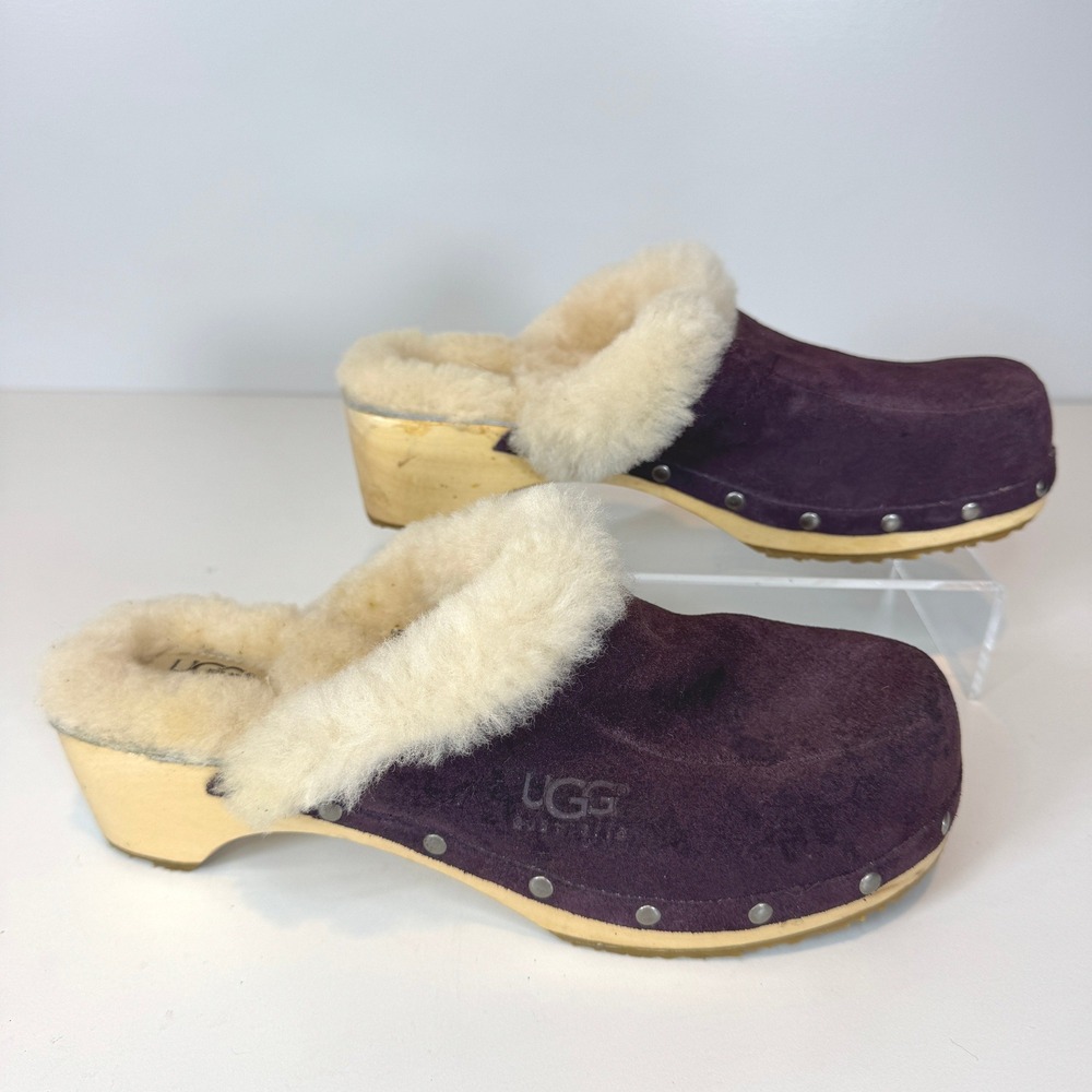 UGG Kalie Maroon Suede Shearling Studded Wooden Clogs Boho Cottagecore